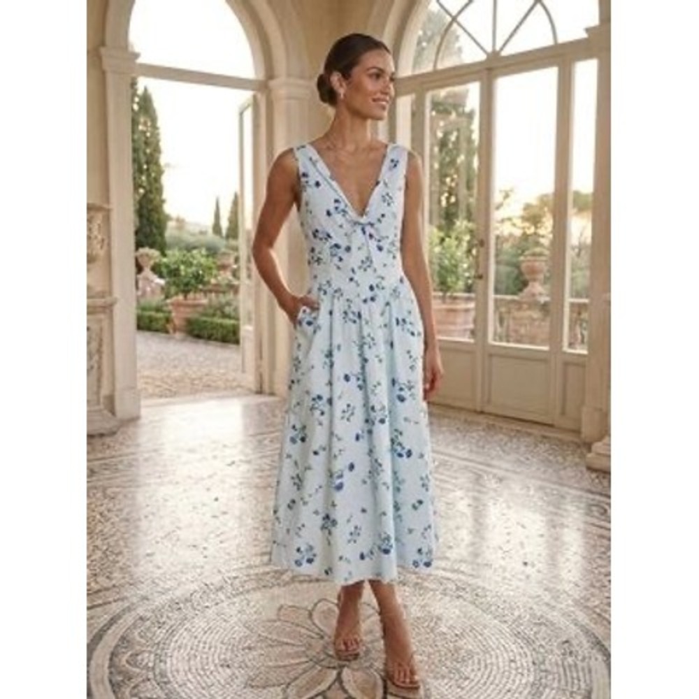 Band of the Free Womens Blue Floral Midi Dress XS Smocked Back Pockets NWT